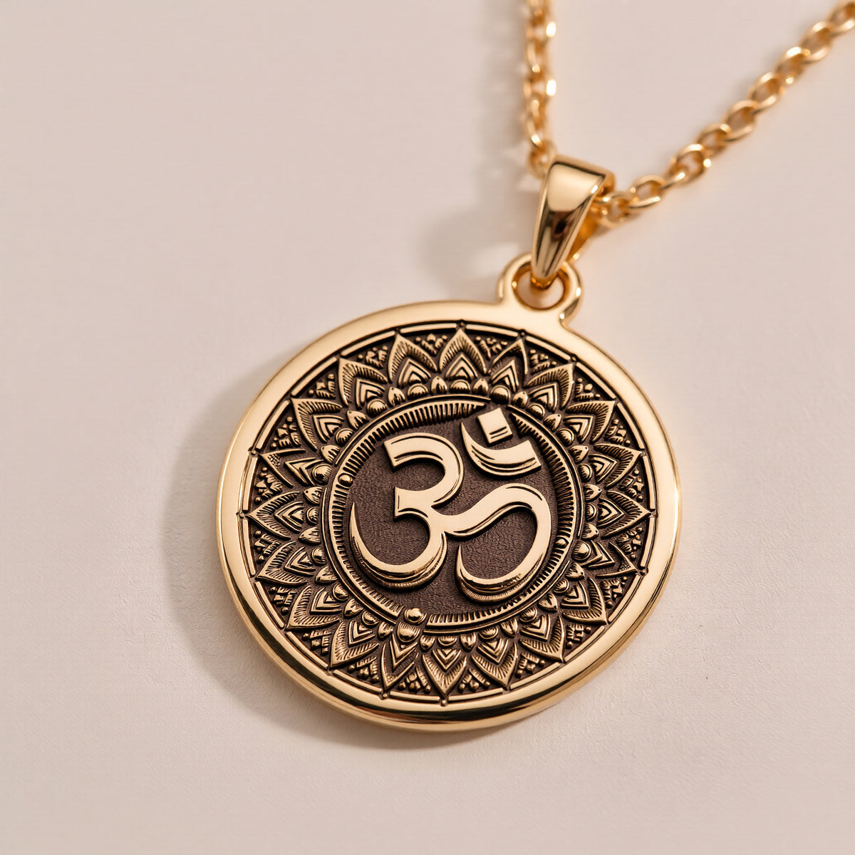 14K Solid Gold Om Mandala Sacred Geometry Medallion Pendant — Sanskrit Aum studio detail (gallery angle 5)
