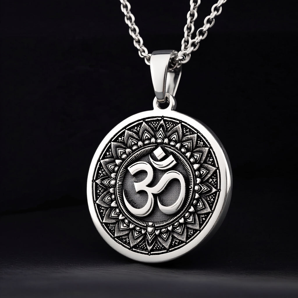 Om Mandala Sacred Geometry Medallion Pendant — 925 Sterling Silver circular Sanskrit Aum design (gallery angle 3)