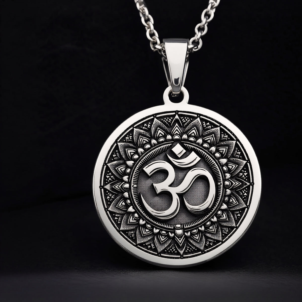 Om Mandala Sacred Geometry Medallion Pendant — 925 Sterling Silver circular Sanskrit Aum design (gallery angle 4)