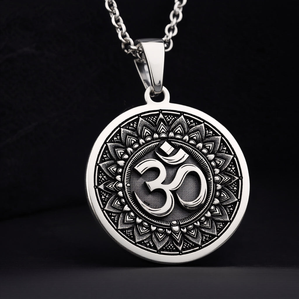 Om Mandala Sacred Geometry Medallion Pendant — 925 Sterling Silver circular Sanskrit Aum design (gallery angle 5)