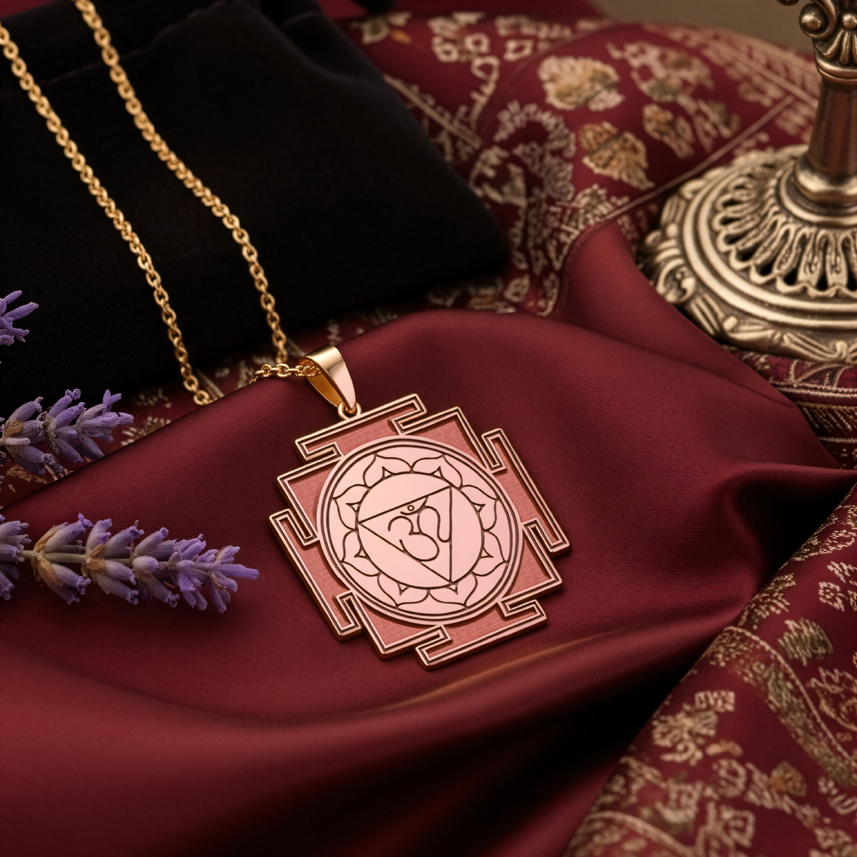 Om Yantra Spiritual Protection Necklace in a polished rose gold finish.