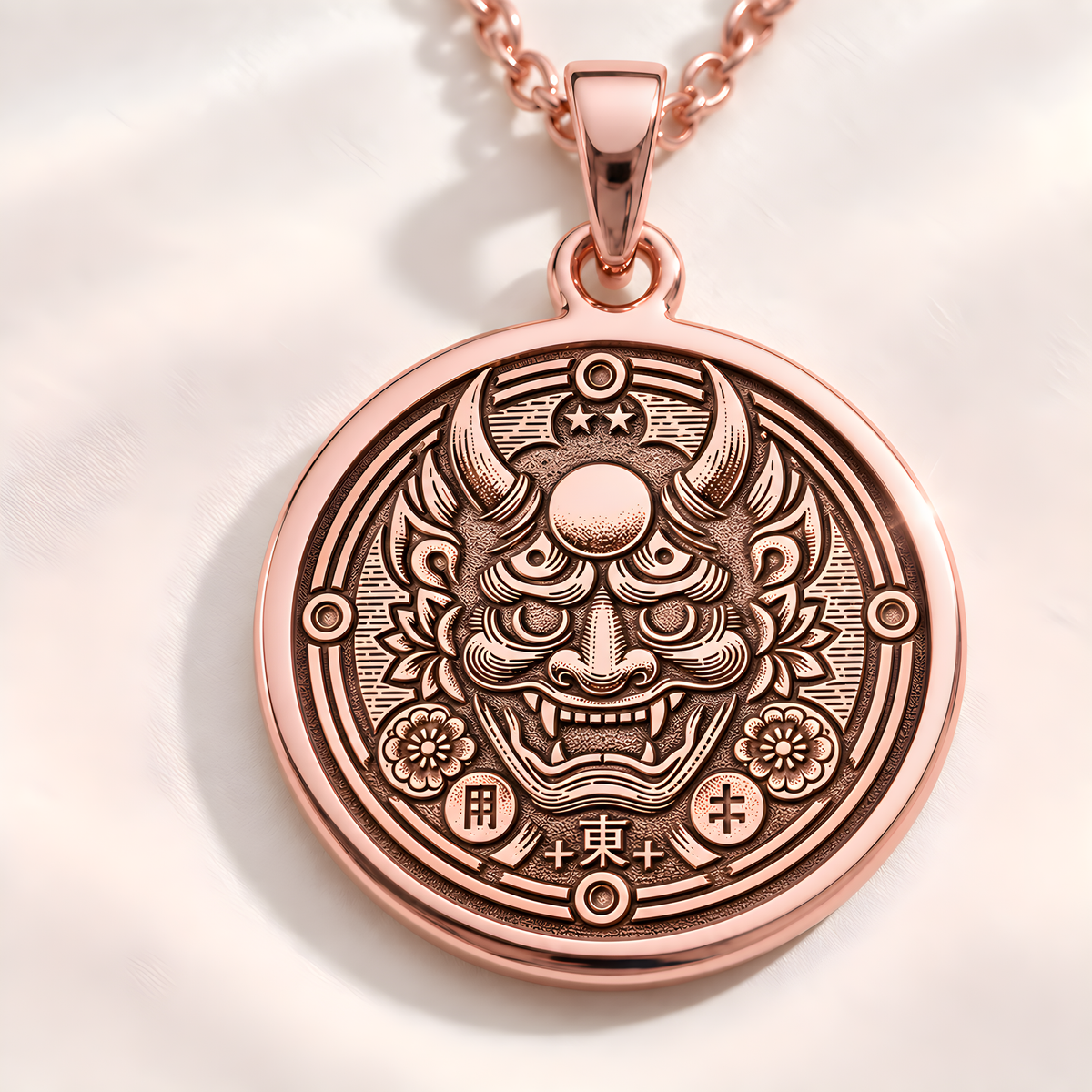 Oni Demon Mask Necklace - 14K Rose Gold Plated