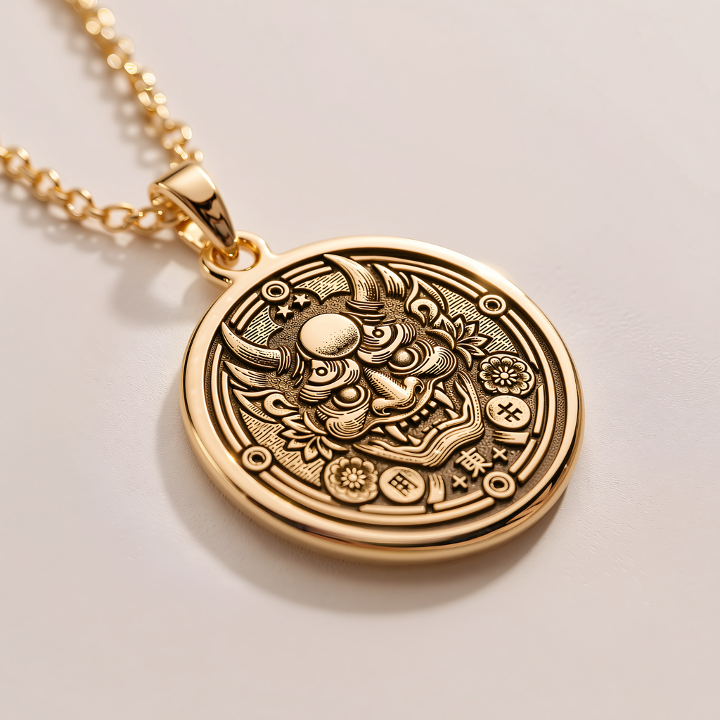 Oni Demon Mask Necklace - 14K Solid Gold, Left Angle View