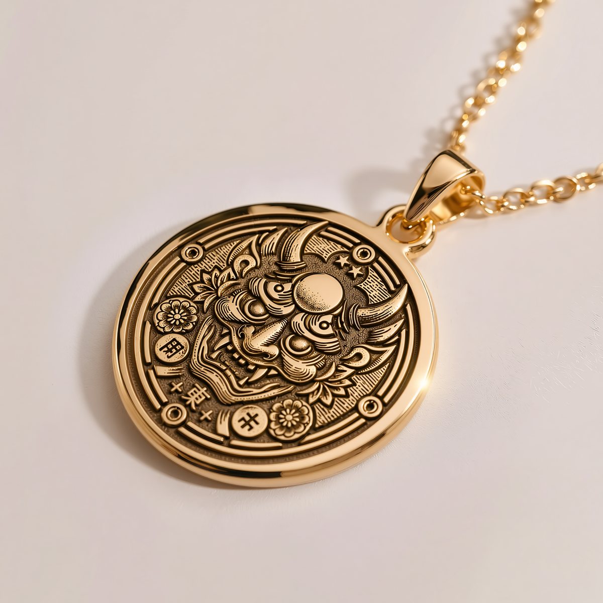 Oni Demon Mask Necklace - 14K Solid Gold, Right Angle View