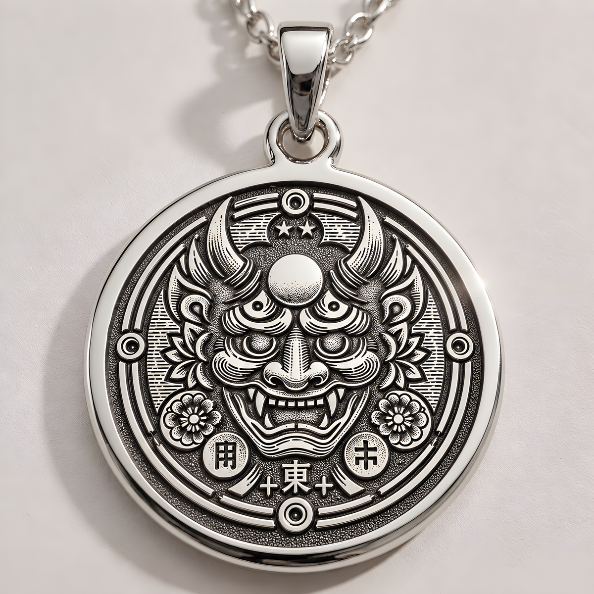 Oni Demon Mask Necklace - 925 Sterling Silver