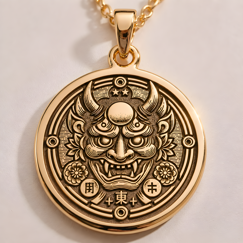 Oni Mask Necklace: 14K Gold with demon mask yokai talisman amulet collectible amulet - View 48