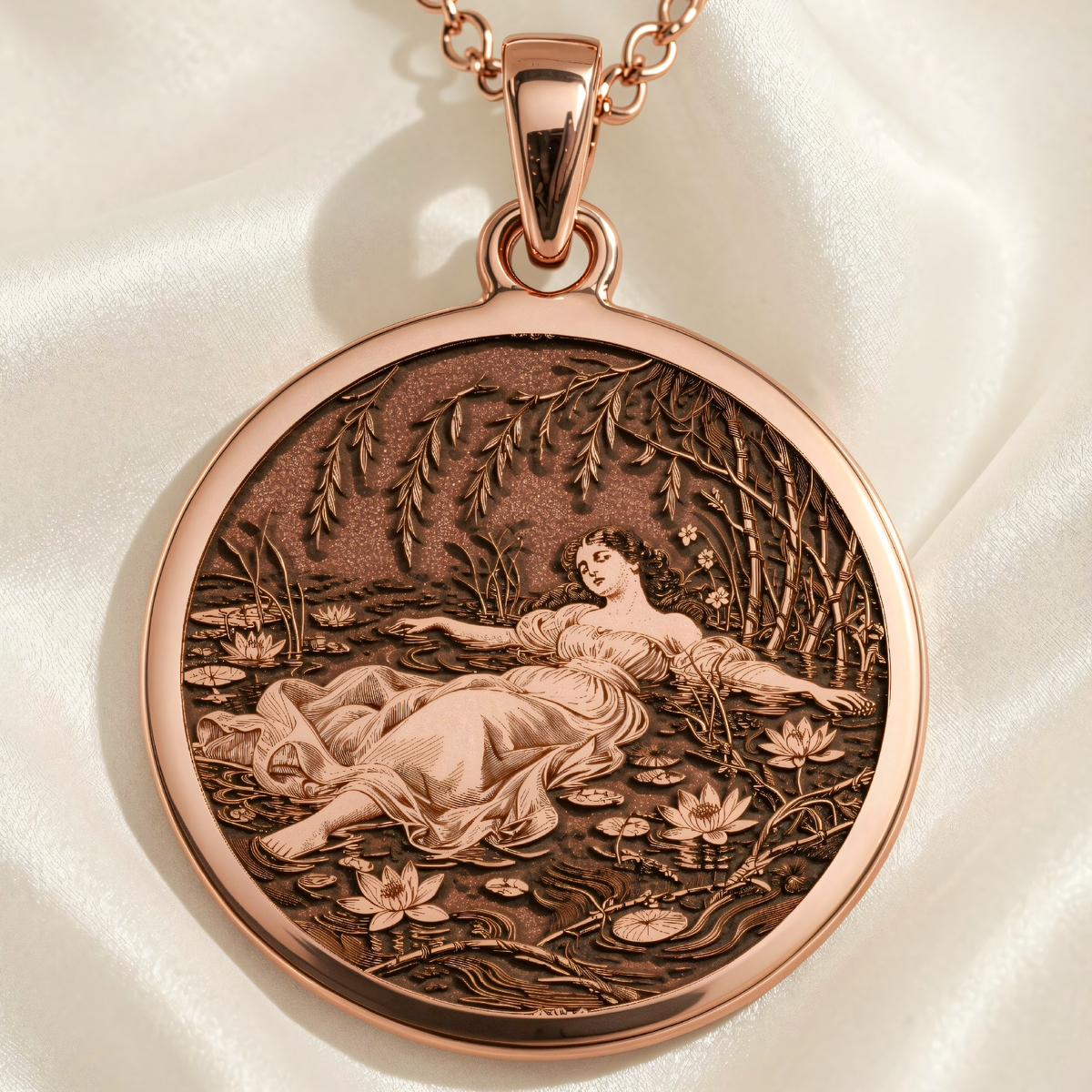 Ophelia Shakespeare Literary Pendant | Silver & Plated Options - Personalized Literary Gift - 14K Rose Gold Plated Front View