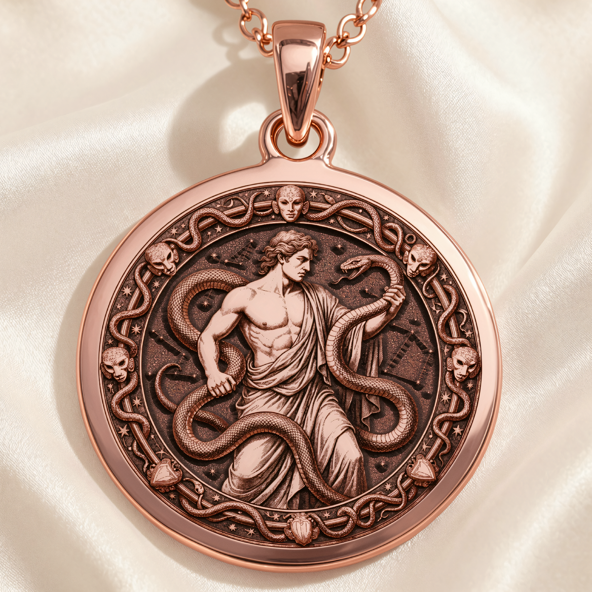 Ophiuchus Serpent Asclepius Necklace in a polished rose gold finish.