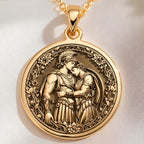 Achilles & Patroclus Greek Mythology Pendant Pendants 14K 14K Gold Plated pendant featuring a classical couple embracing within a floral wreath necklace