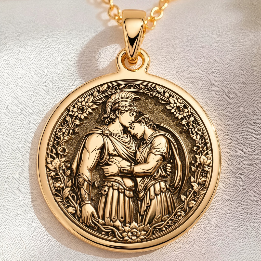Achilles & Patroclus Greek Mythology Pendant in 14K Solid Gold 14mm — with chain — Shop Luminous Luxury Crafts