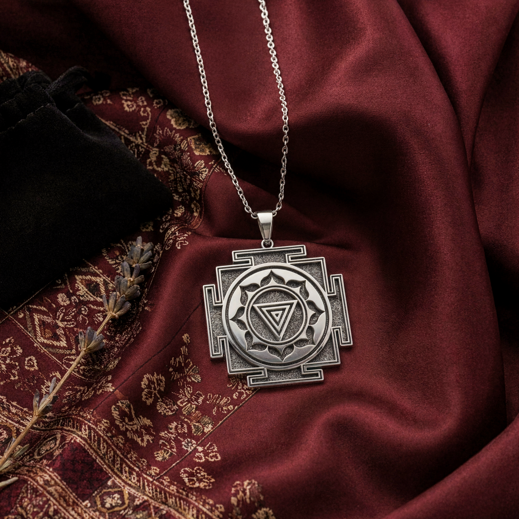 Kali Yantra Spiritual Protection Necklace — Solid 925 Sterling Silver studio finish view