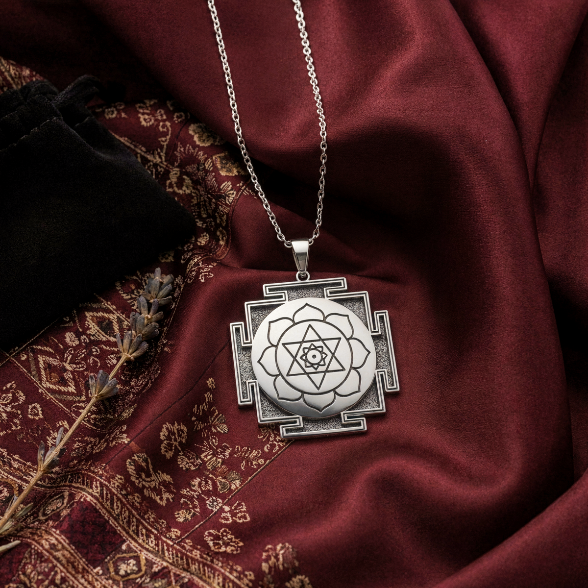 Kamala Yantra Protection Amulet Necklace — Solid 925 Sterling Silver studio finish view