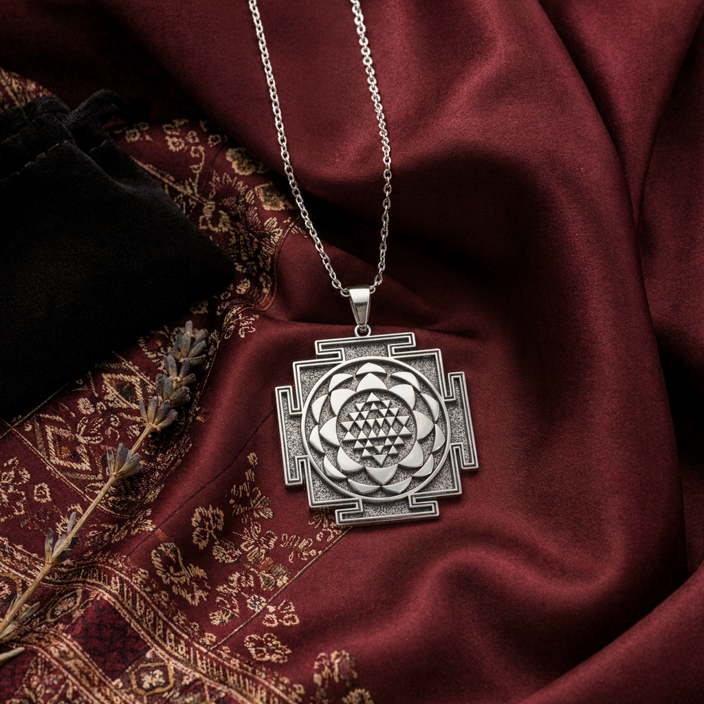 Saraswati Yantra Sacred Geometry Necklace — Solid 925 Sterling Silver studio finish view