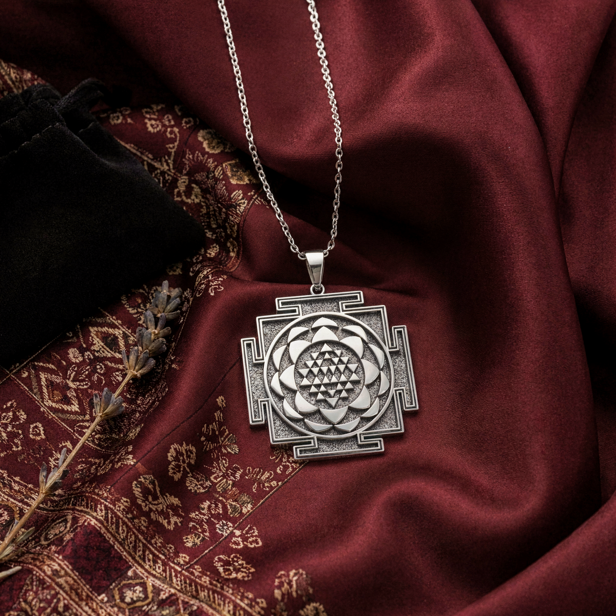 Saraswati Yantra Sacred Geometry Necklace — Solid 925 Sterling Silver studio finish view