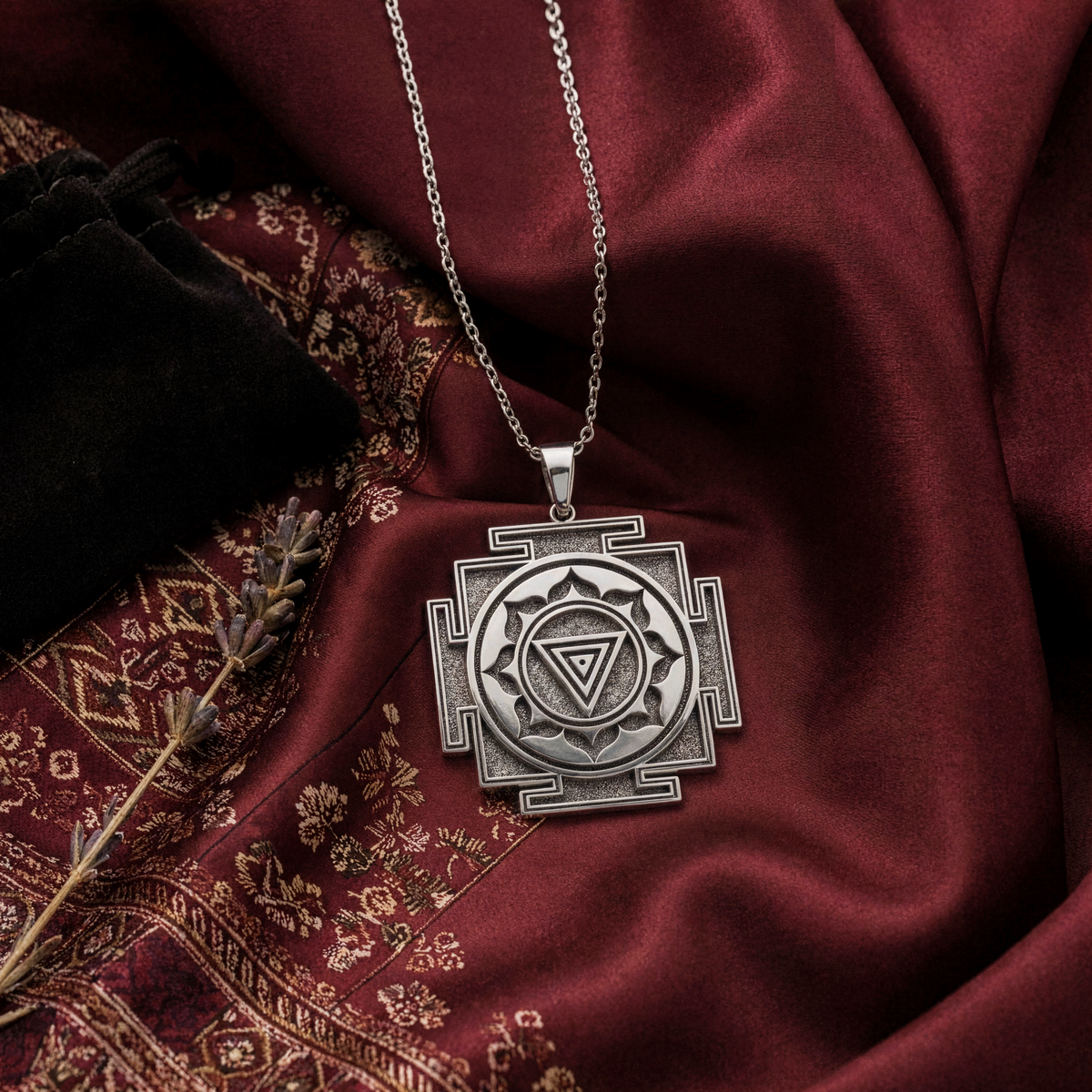 Kali Yantra Spiritual Protection Necklace — Solid 925 Sterling Silver chain & bail detail
