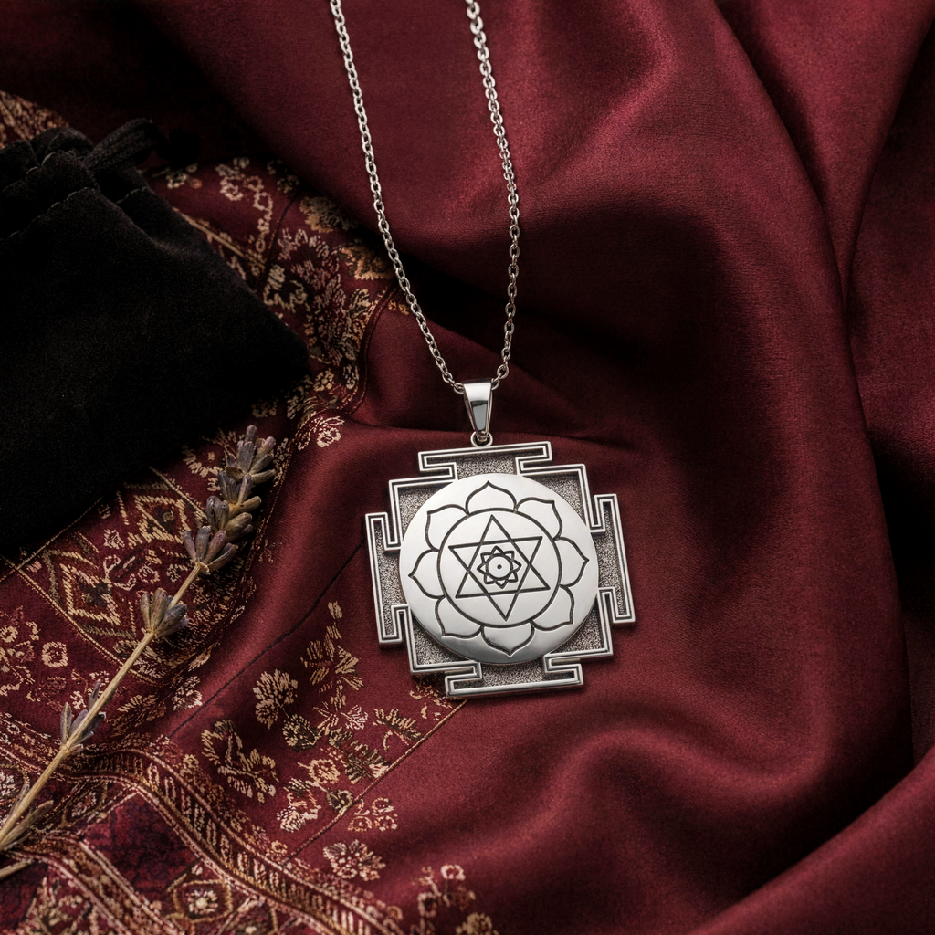 Kamala Yantra Protection Amulet Necklace — Solid 925 Sterling Silver chain & bail detail