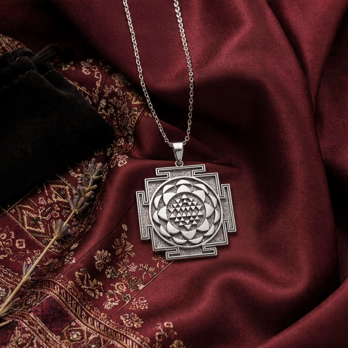 Saraswati Yantra Sacred Geometry Necklace — Solid 925 Sterling Silver chain & bail detail