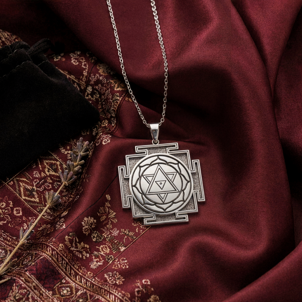 Shiva Sri Yantra Sacred Geometry Amulet Necklace — Solid 925 Sterling Silver front view