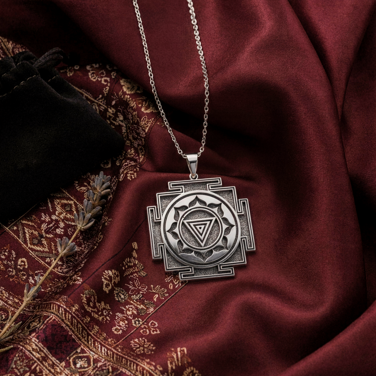 Kali Yantra Spiritual Protection Necklace — Solid 925 Sterling Silver artisan medallion view