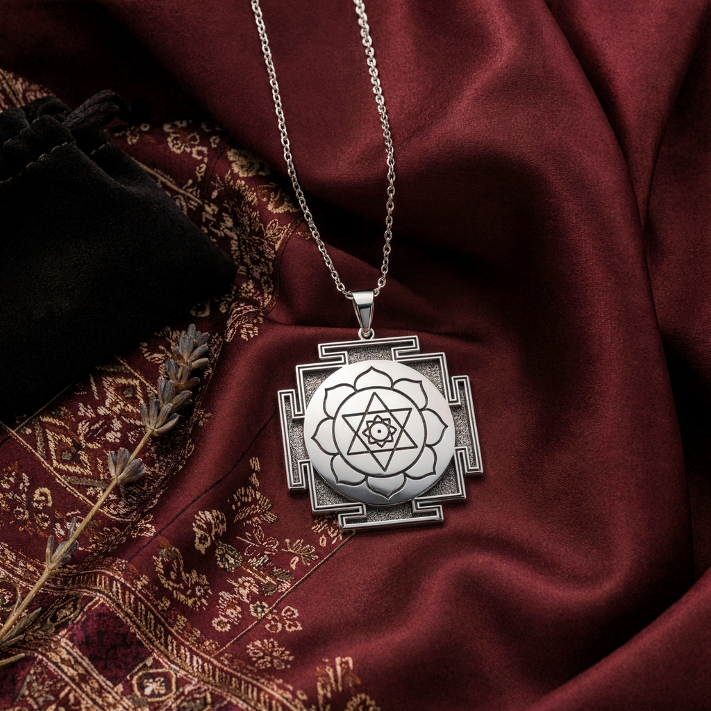 Kamala Yantra Protection Amulet Necklace — Solid 925 Sterling Silver artisan medallion view