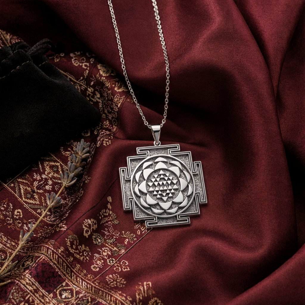 Saraswati Yantra Sacred Geometry Necklace — Solid 925 Sterling Silver artisan medallion view