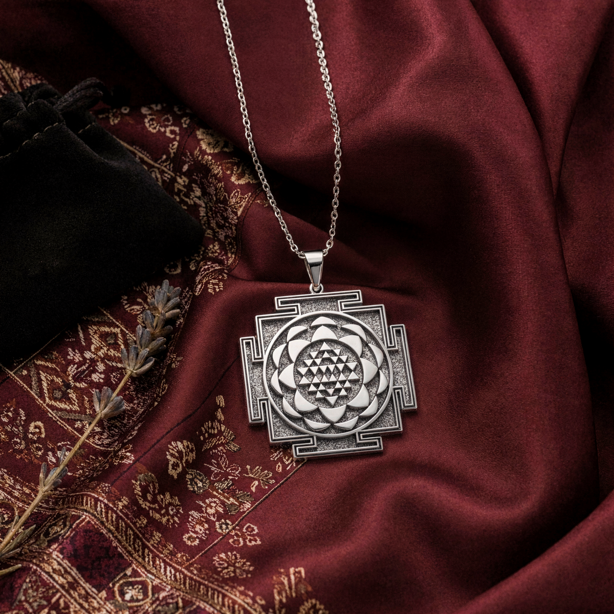 Saraswati Yantra Sacred Geometry Necklace — Solid 925 Sterling Silver artisan medallion view