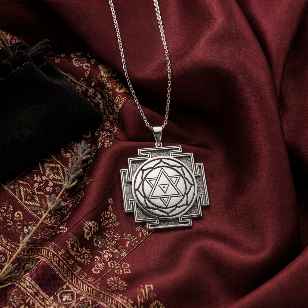 Shiva Sri Yantra Sacred Geometry Amulet Necklace — Solid 925 Sterling Silver angled engraving detail