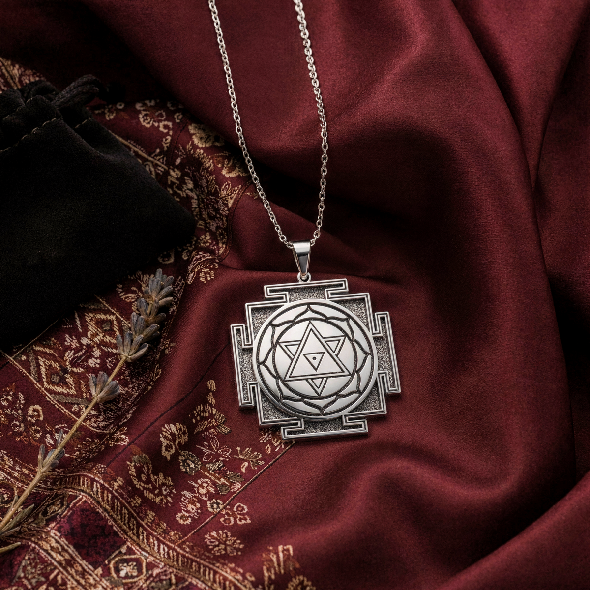Shiva Sri Yantra Sacred Geometry Amulet Necklace — Solid 925 Sterling Silver angled engraving detail