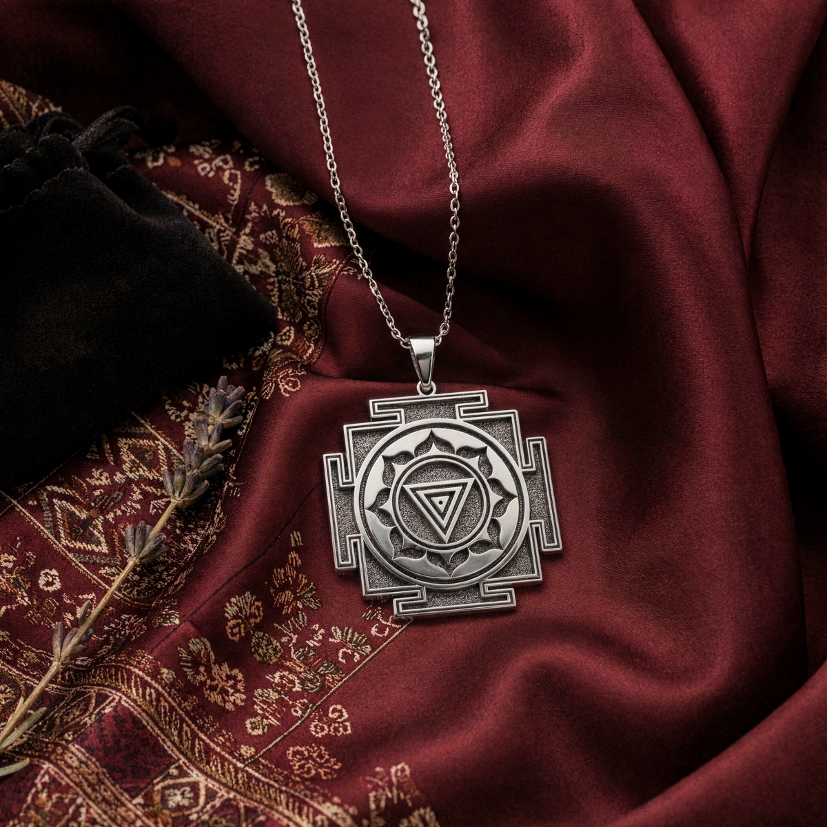Kali Yantra Spiritual Protection Necklace — Solid 925 Sterling Silver gift presentation view