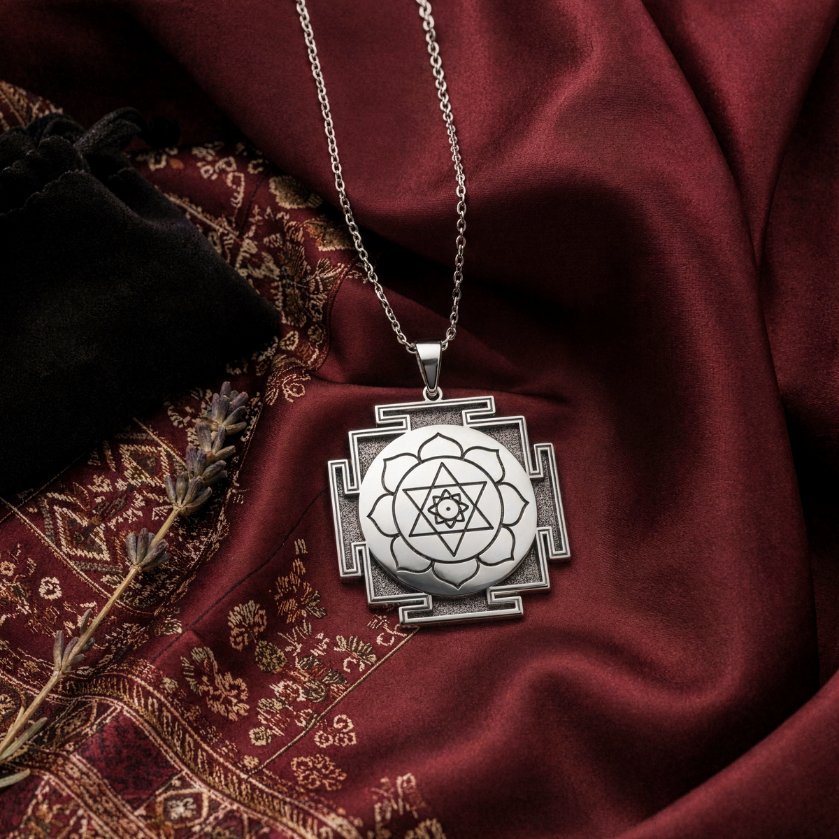 Kamala Yantra Protection Amulet Necklace — Solid 925 Sterling Silver gift presentation view
