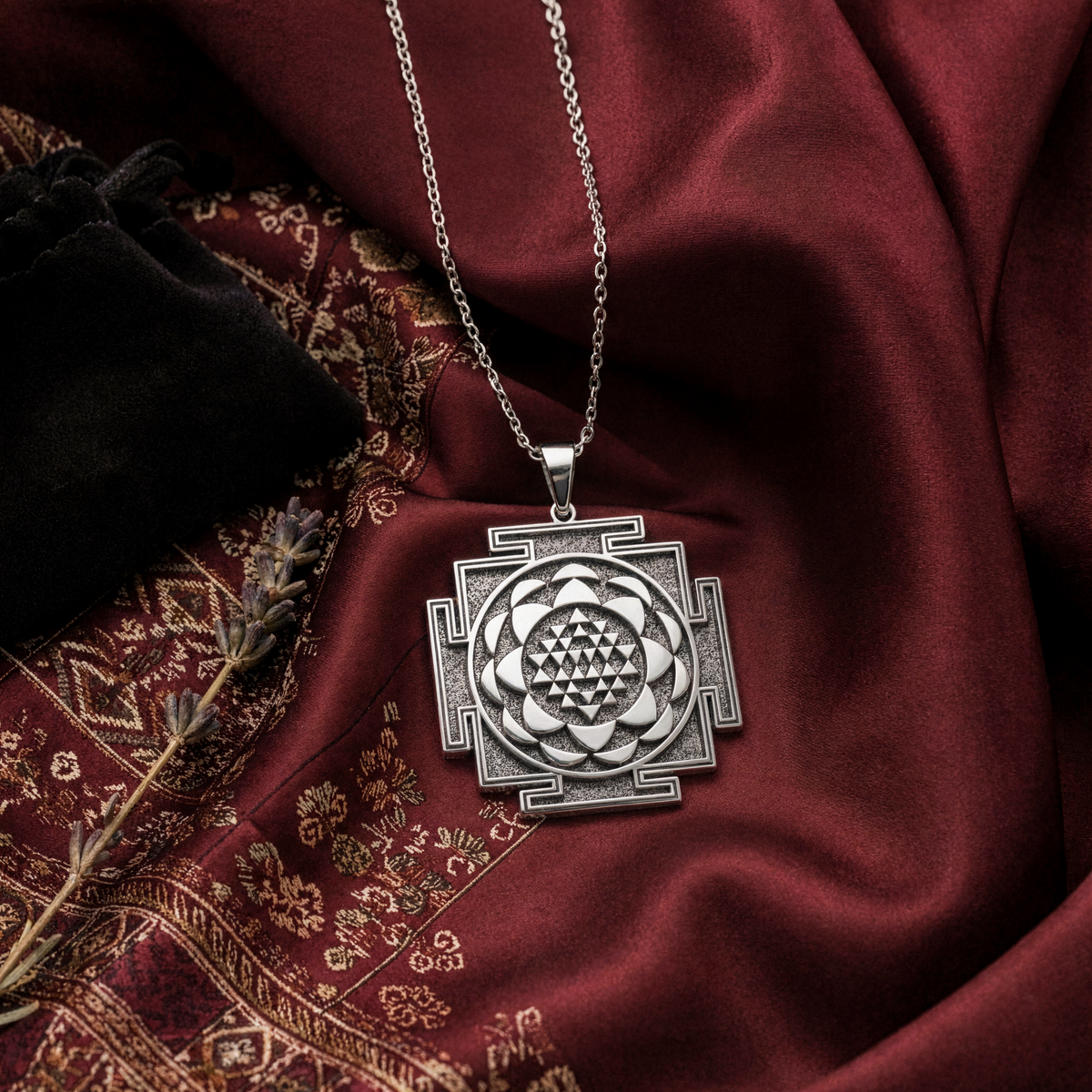 Saraswati Yantra Sacred Geometry Necklace — Solid 925 Sterling Silver gift presentation view