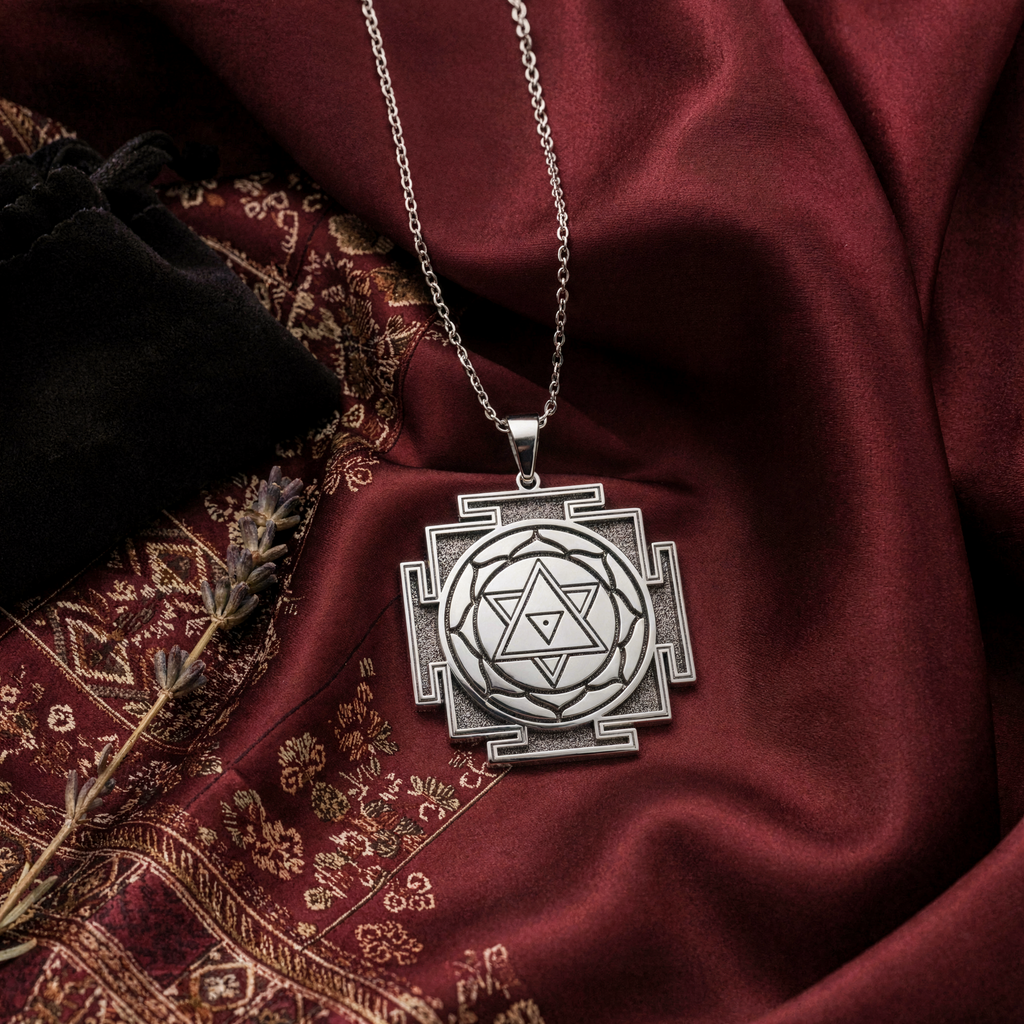 Shiva Sri Yantra Amulet Necklace: Sterling Silver Sacred Geometry Talisman for Protection, - Top View