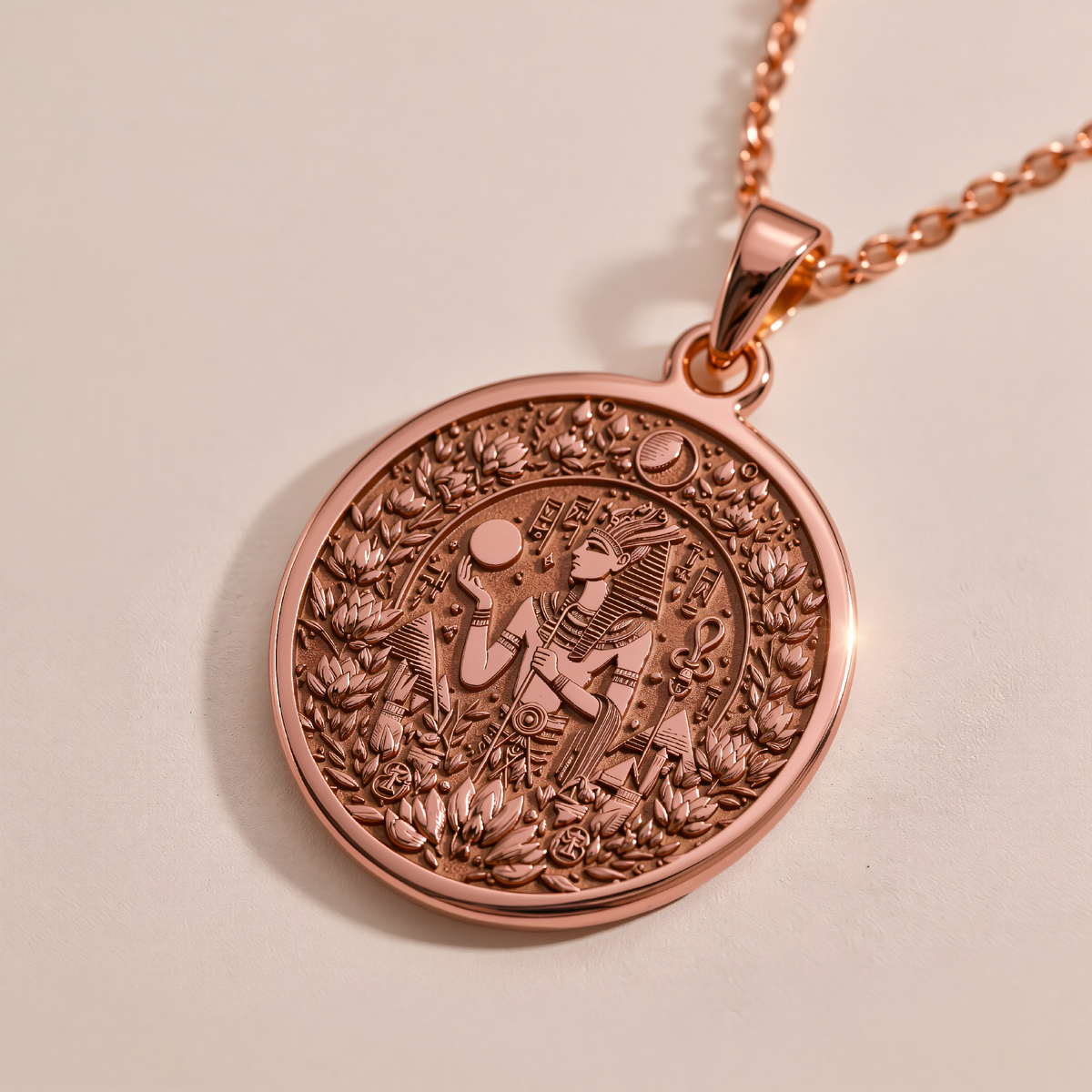 Osiris God Medallion Pendant in a polished rose gold finish.