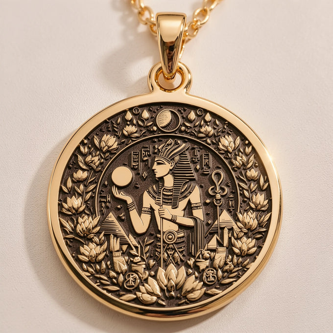 Gold plated pendant featuring an intricate design of Osiris God with a circular frame and surrounding foliage, viewed from the front. It is attached to a gold chain.
