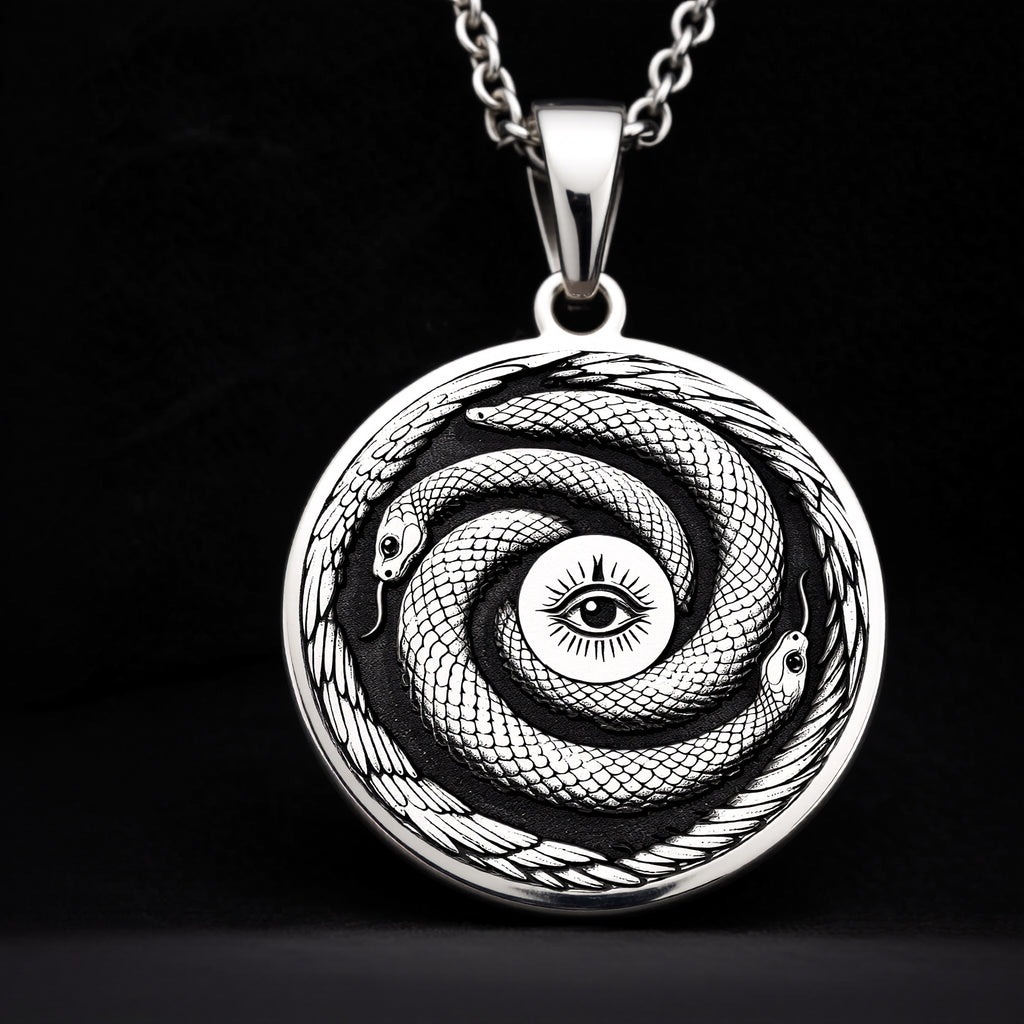 Sterling Silver Ouroboros Necklace crafted with fine details, showcasing the eternal snake symbol of rebirth and cycles. A meaningful gift or statement piece for any occasion.