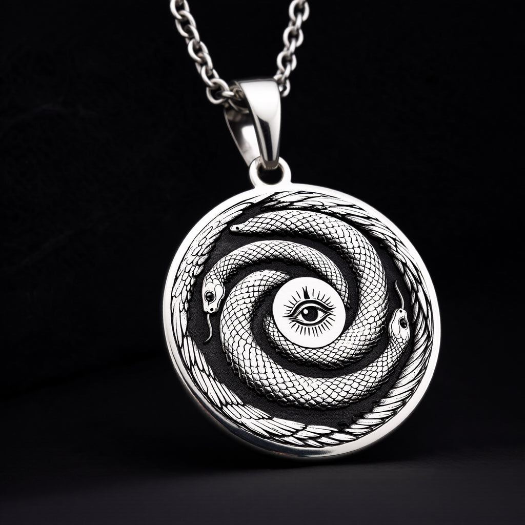 Sterling Silver Ouroboros Necklace crafted with fine details, showcasing the eternal snake symbol of rebirth and cycles. A meaningful gift or statement piece for any occasion. - View 3