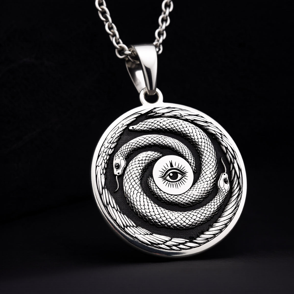 Sterling Silver Ouroboros Necklace crafted with fine details, showcasing the eternal snake symbol of rebirth and cycles. A meaningful gift or statement piece for any occasion. - View 3