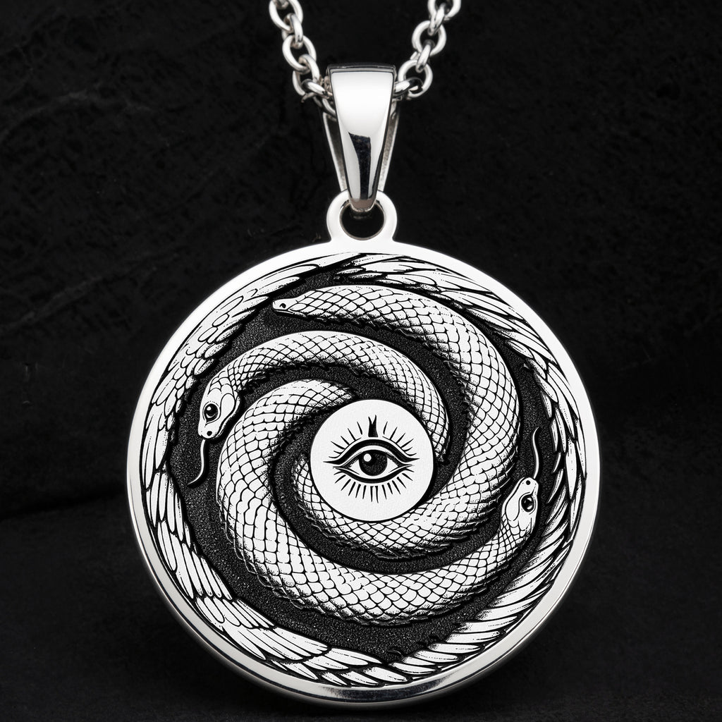 Sterling Silver Ouroboros Necklace crafted with fine details, showcasing the eternal snake symbol of rebirth and cycles. A meaningful gift or statement piece for any occasion.