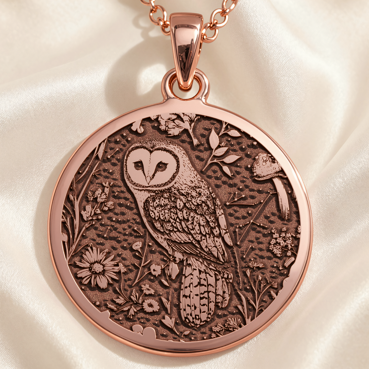 Owl Wisdom Symbol Pendant in a polished rose gold finish.