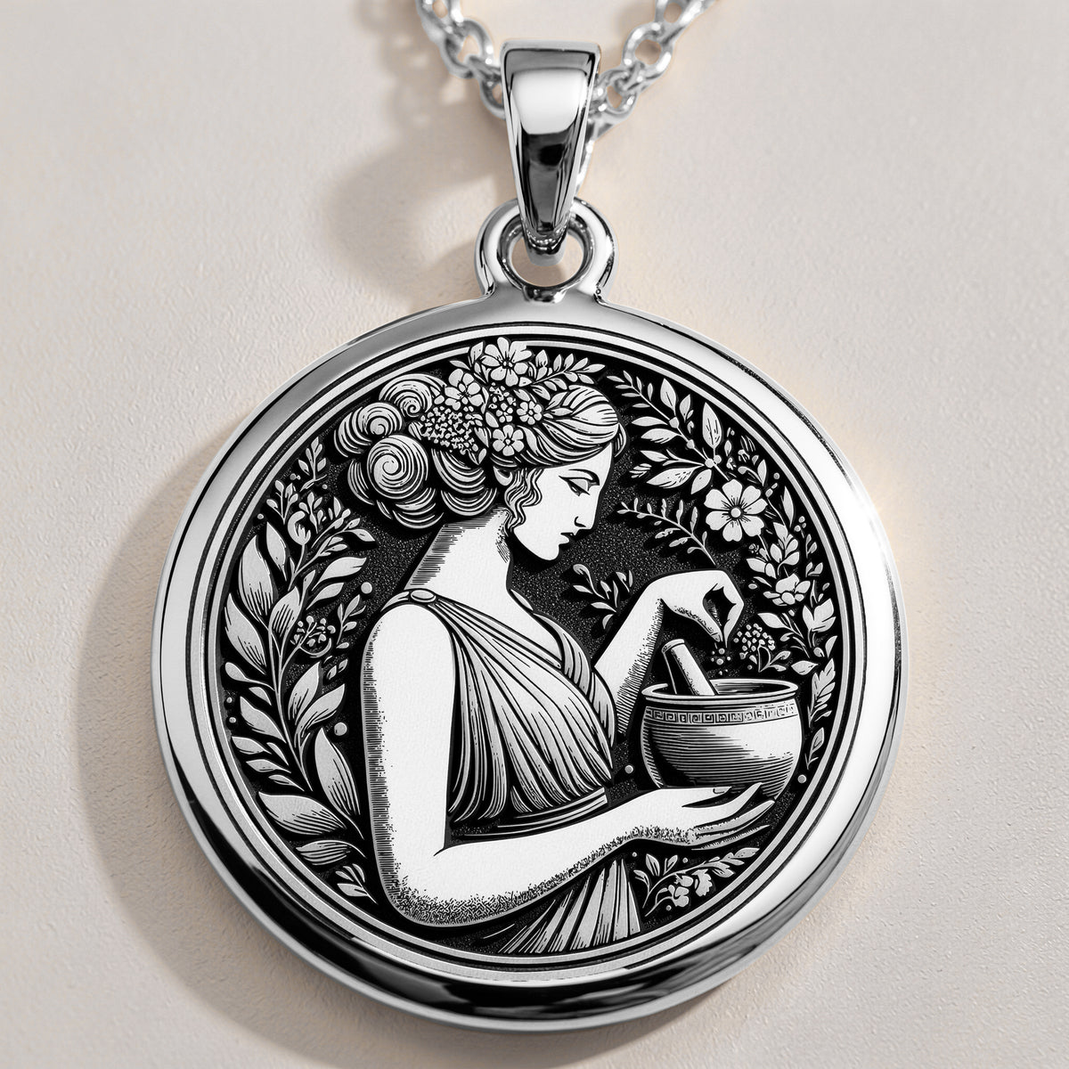 925 Sterling Silver Panacea Medallion with Greek healing goddess and floral wreath. Detailed ancient coin pendant showing medicine deity with potion bowl. Health symbol jewelry with historical significance and healing energy. - View 2
