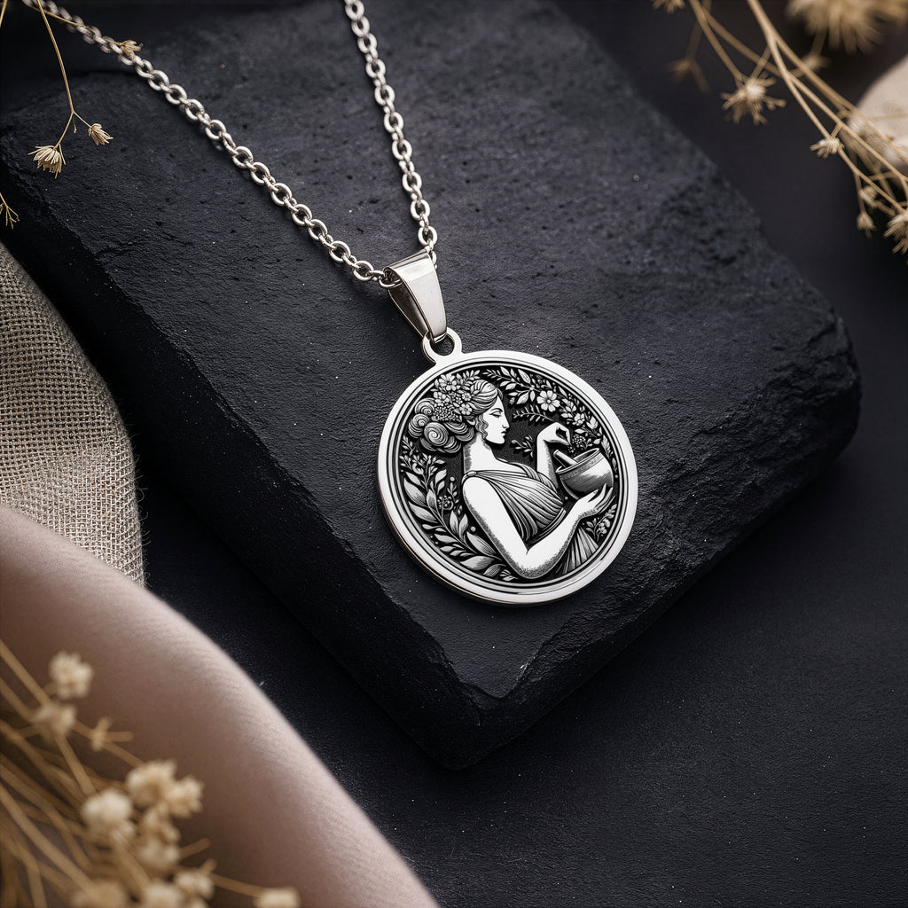 925 Sterling Silver Panacea Medallion with Greek healing goddess and floral wreath. Detailed ancient coin pendant showing medicine deity with potion bowl. Health symbol jewelry with historical significance and healing energy. - View 3