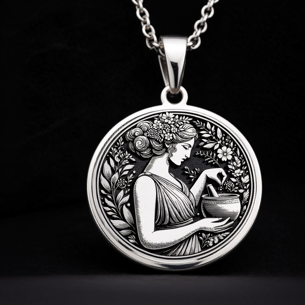 925 Sterling Silver Panacea Medallion with Greek healing goddess and floral wreath. Detailed ancient coin pendant showing medicine deity with potion bowl. Health symbol jewelry with historical significance and healing energy. - View 8