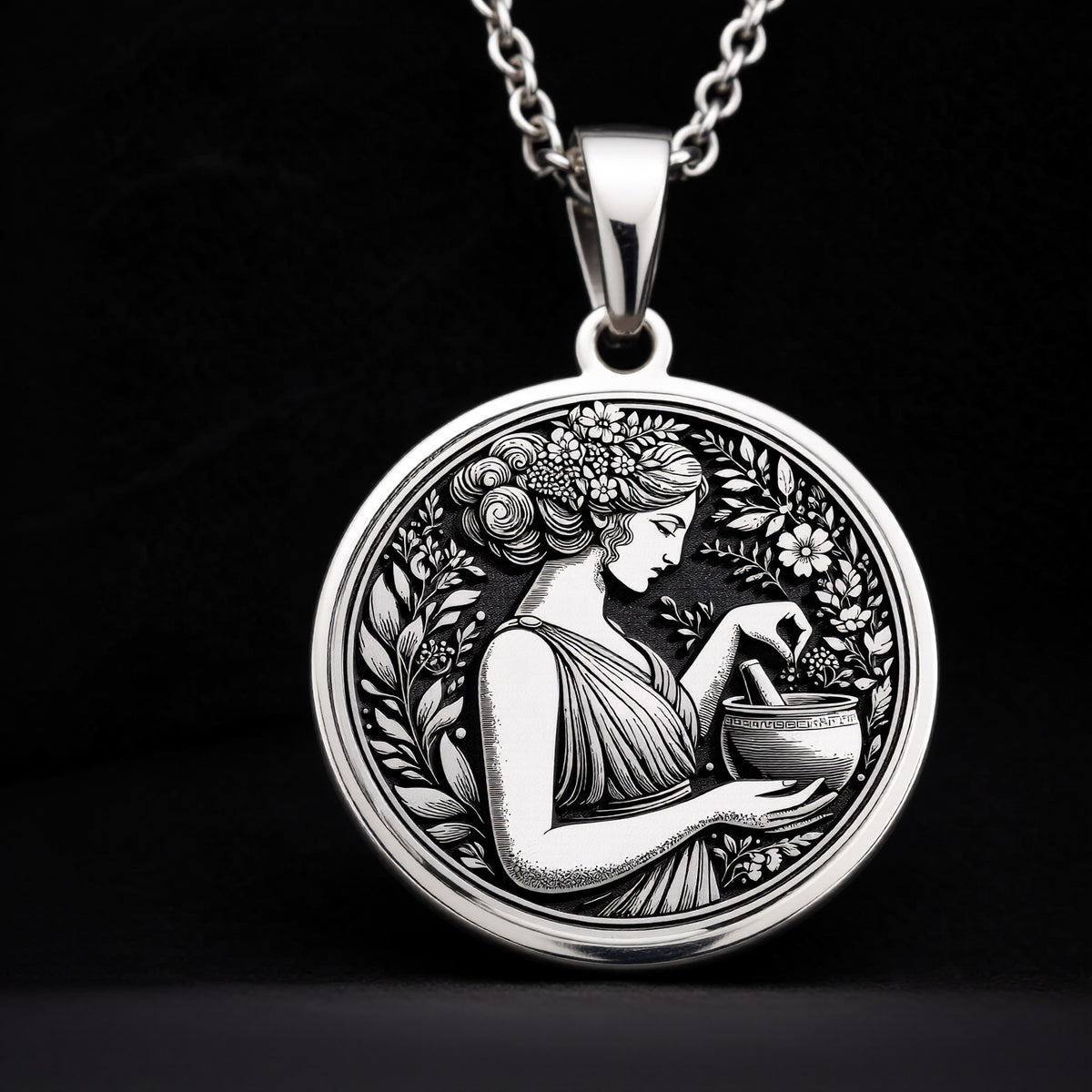 925 Sterling Silver Panacea Medallion with Greek healing goddess and floral wreath. Detailed ancient coin pendant showing medicine deity with potion bowl. Health symbol jewelry with historical significance and healing energy. - View 8