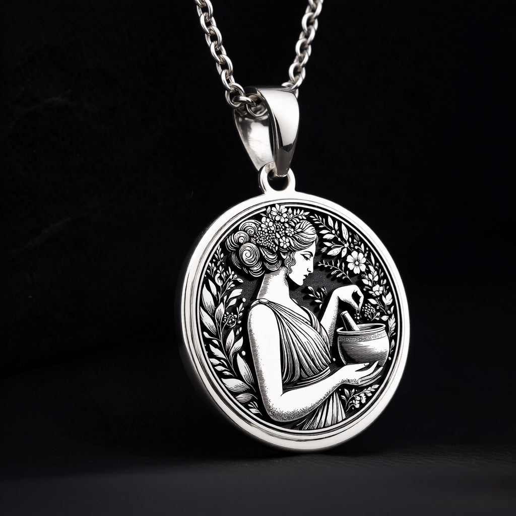 925 Sterling Silver Panacea Medallion with Greek healing goddess and floral wreath. Detailed ancient coin pendant showing medicine deity with potion bowl. Health symbol jewelry with historical significance and healing energy. - View 9