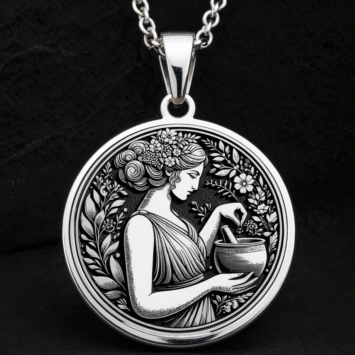 925 Sterling Silver Panacea Medallion with Greek healing goddess and floral wreath. Detailed ancient coin pendant showing medicine deity with potion bowl. Health symbol jewelry with historical significance and healing energy.