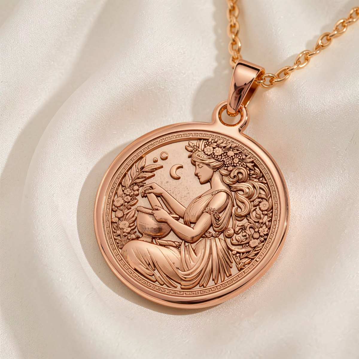 Panacea Medallion Necklace | Silver & Plated Options - Ancient Mythology History Buff Gift - 14K Rose Gold Plated Front View