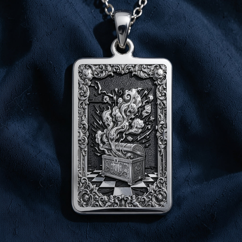 Silver rectangular pendant necklace featuring an ornate, detailed frame design with intricate scrollwork. The pendant is attached to a silver chain and surrounded by various cut gemstones.