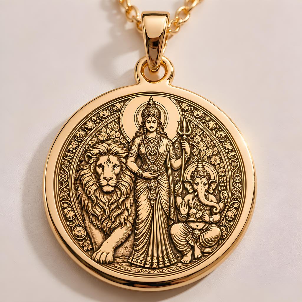 Parvati Goddess Necklace, Hindu Family Necklace, Lion Symbol Gold Pendant, Sacred Parvati Ganesha Necklace, Golden Hindu Necklace, Parvati Ganesha 
Hindu Goddess and God Necklace, Gold Hindu Deity Necklace, Gold Parvati Medallion