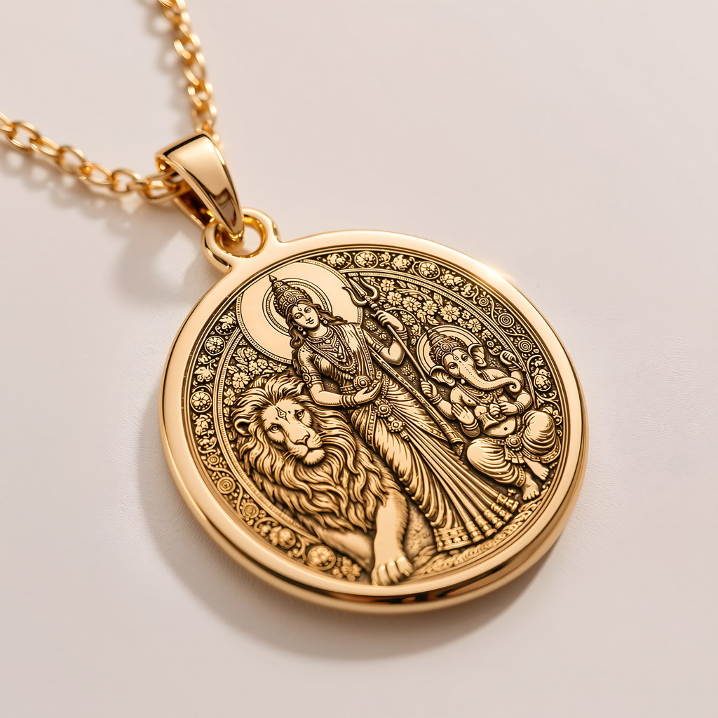 Parvati & Ganesha Pendant - 14K Solid Gold, Left Angle View