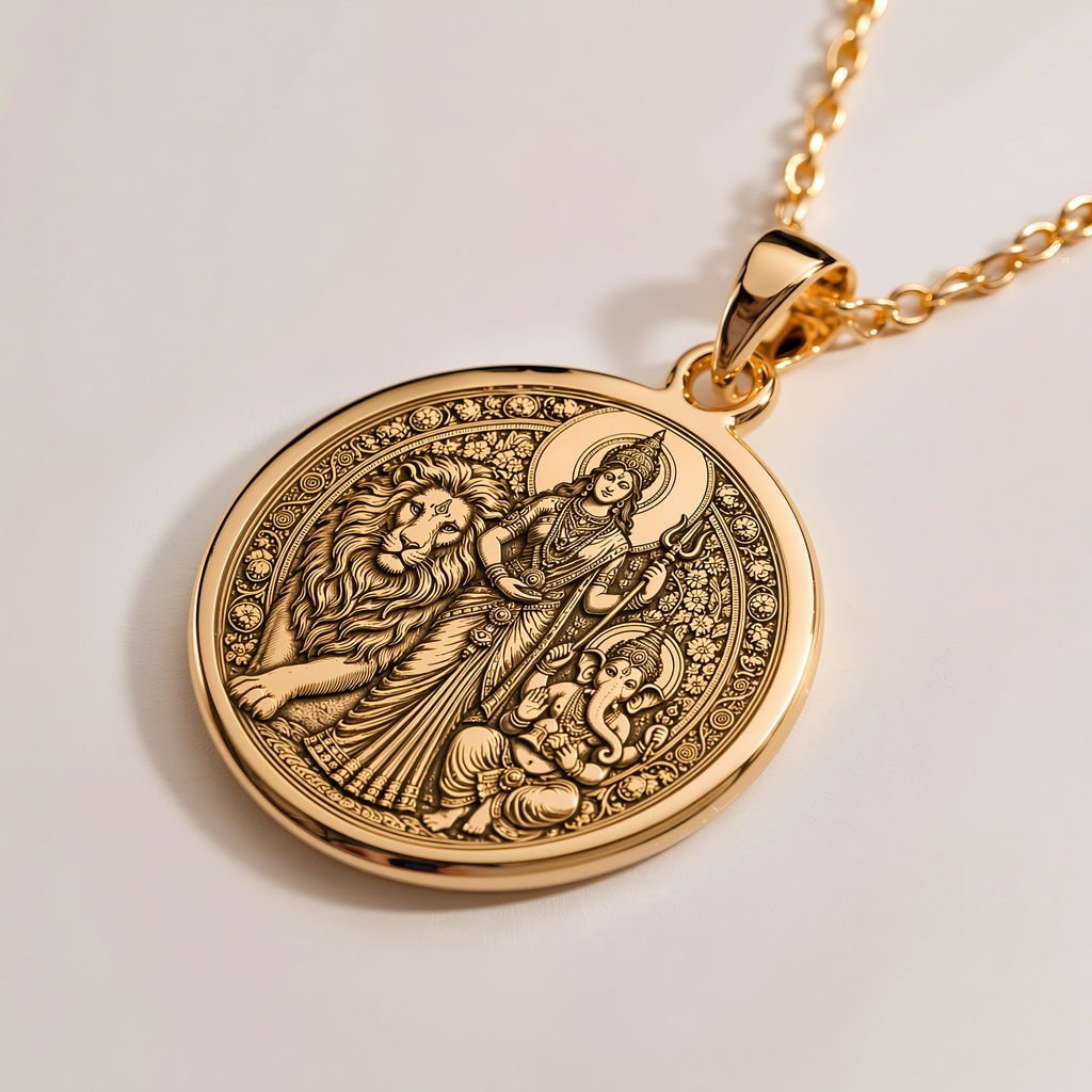 Parvati & Ganesha Pendant - 14K Solid Gold, Right Angle View